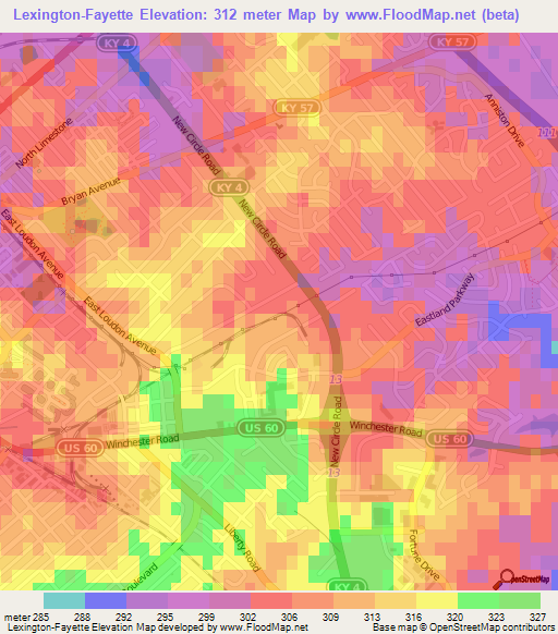 Lexington-Fayette,US Elevation Map