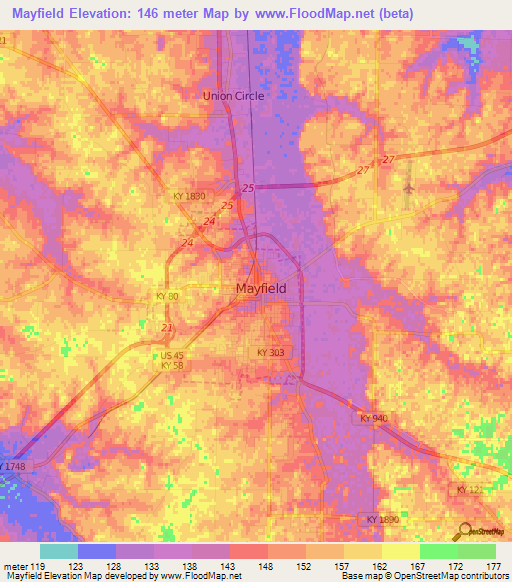 Mayfield,US Elevation Map