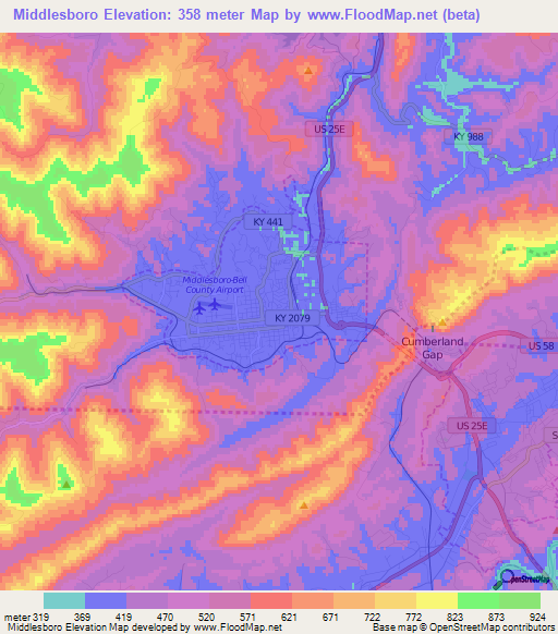 Middlesboro,US Elevation Map