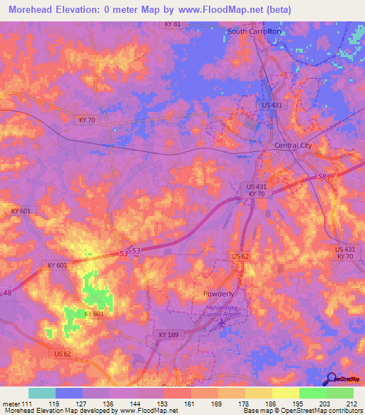 Morehead,US Elevation Map