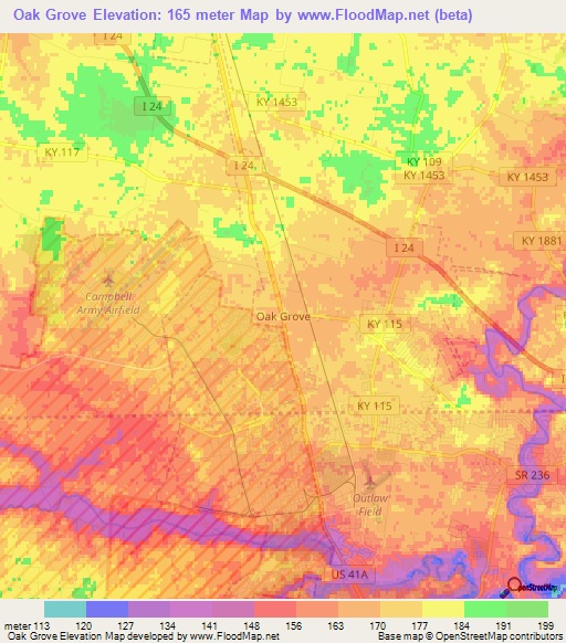 Oak Grove,US Elevation Map