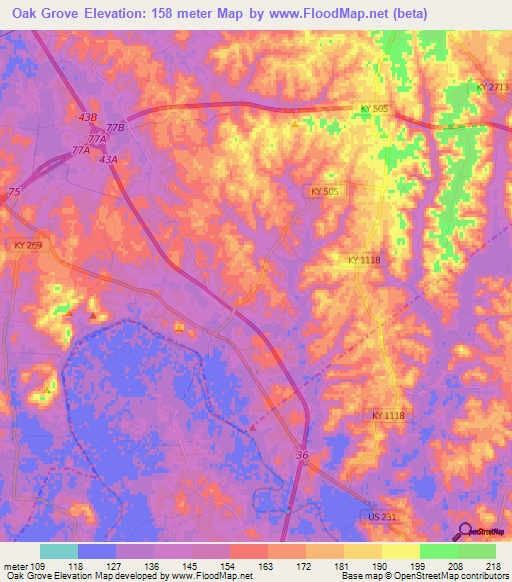 Oak Grove,US Elevation Map