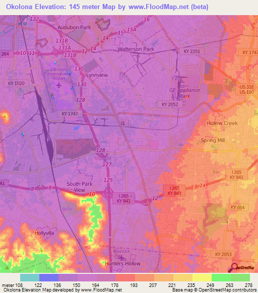 Okolona,US Elevation Map