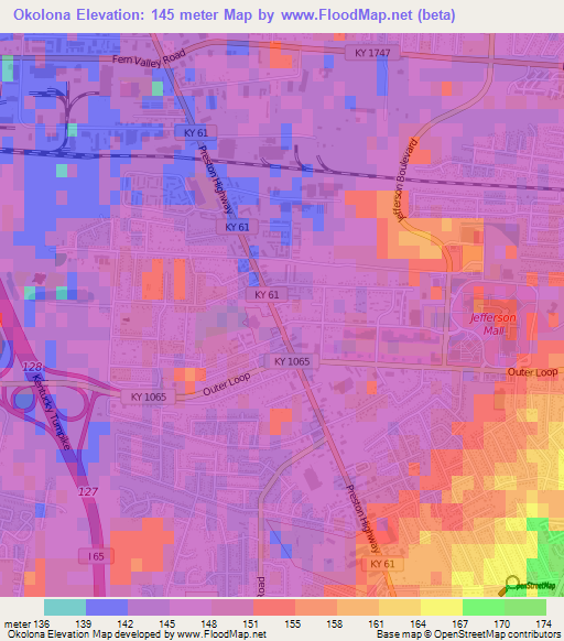 Okolona,US Elevation Map