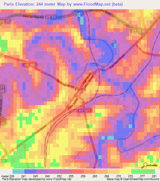 Paris,US Elevation Map