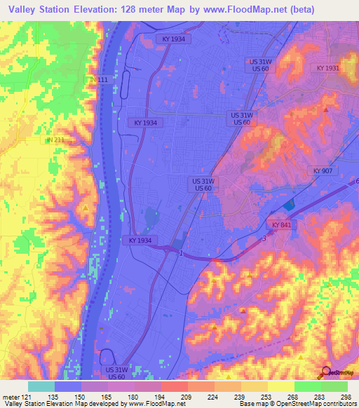 Valley Station,US Elevation Map