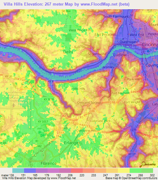 Villa Hills,US Elevation Map