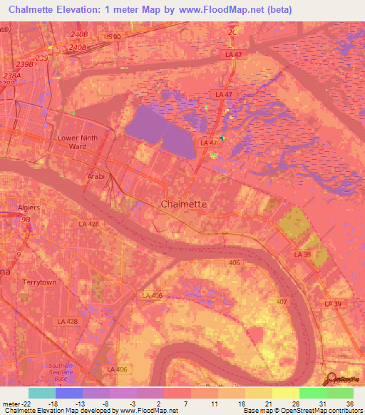 Chalmette,US Elevation Map