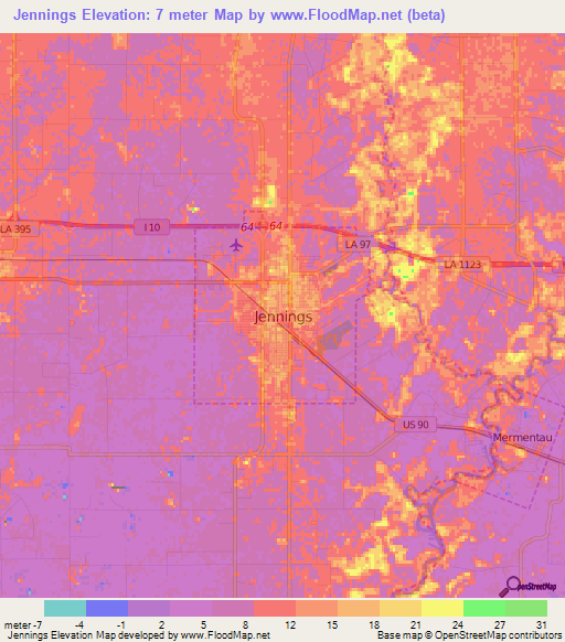 Jennings,US Elevation Map