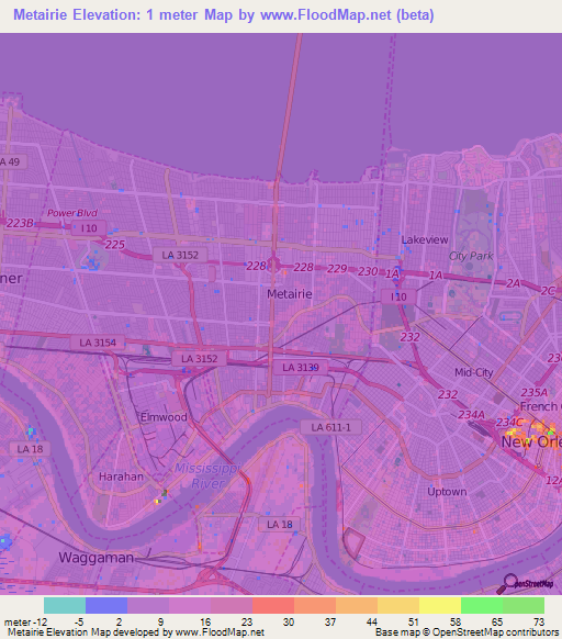 Metairie,US Elevation Map