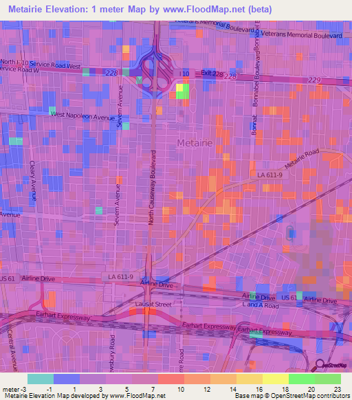 Metairie,US Elevation Map