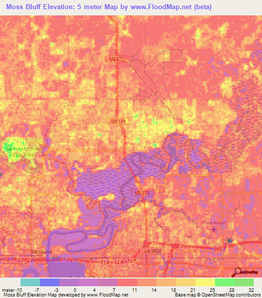 Moss Bluff,US Elevation Map