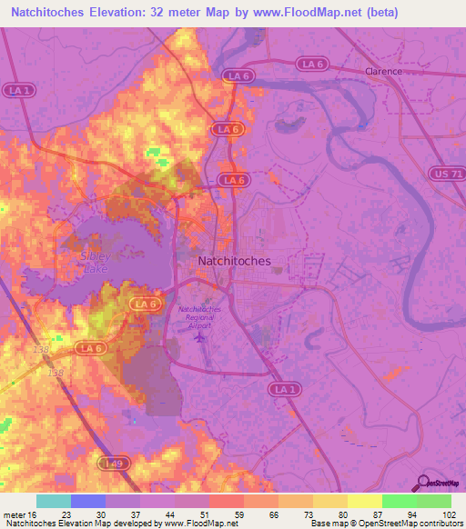 Natchitoches,US Elevation Map