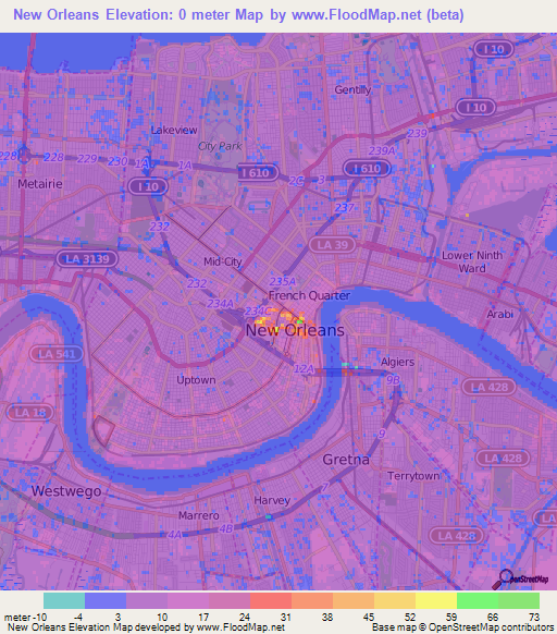 New Orleans,US Elevation Map