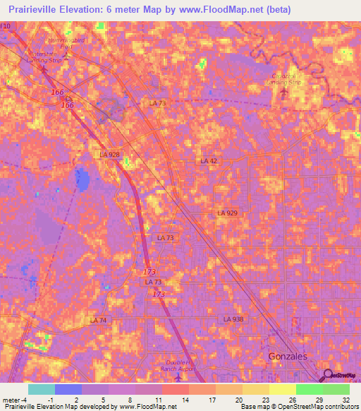 Prairieville,US Elevation Map