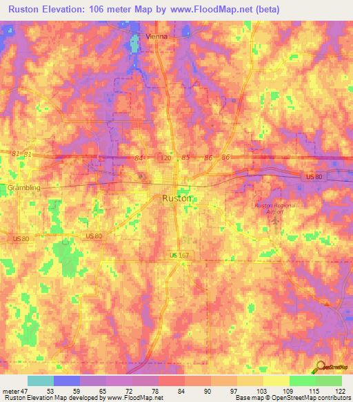 Ruston,US Elevation Map