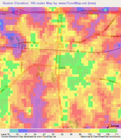 Ruston,US Elevation Map