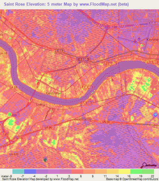 Saint Rose,US Elevation Map