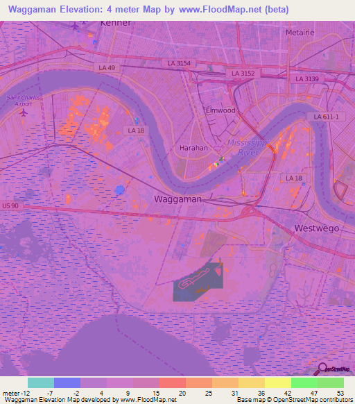 Waggaman,US Elevation Map