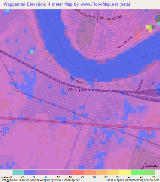 Waggaman,US Elevation Map