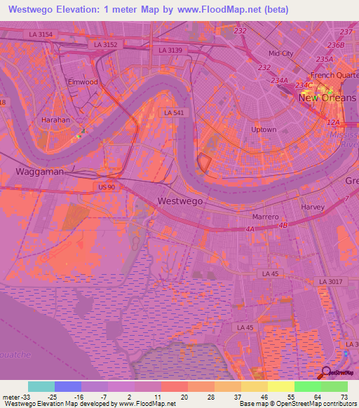 Westwego,US Elevation Map