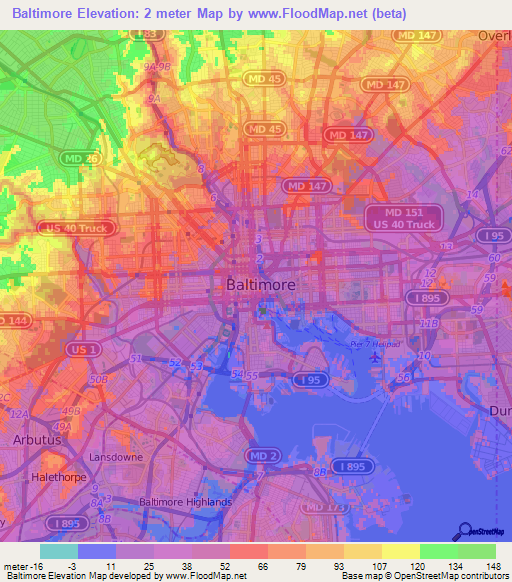 Baltimore,US Elevation Map