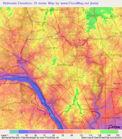 Bethesda,US Elevation Map