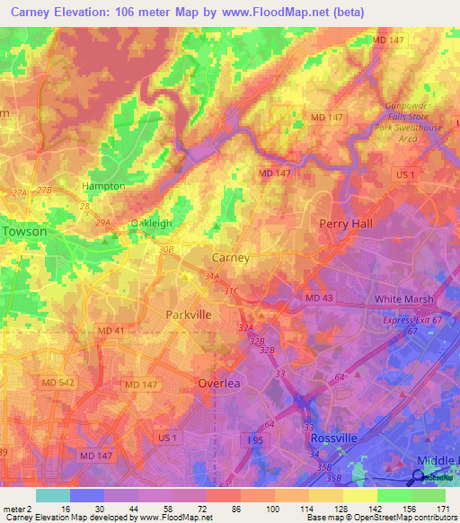 Carney,US Elevation Map