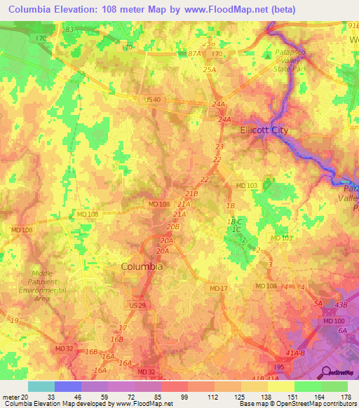 Columbia,US Elevation Map