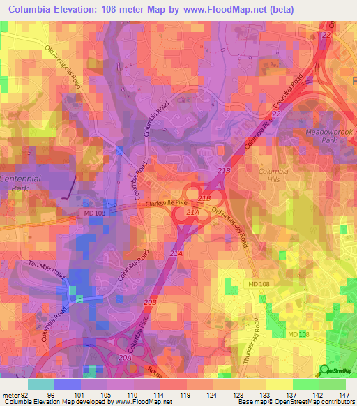 Columbia,US Elevation Map