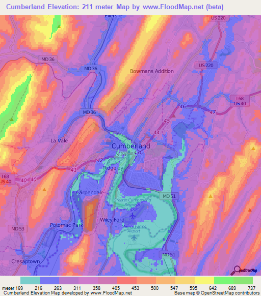 Cumberland,US Elevation Map