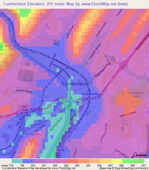 Cumberland,US Elevation Map