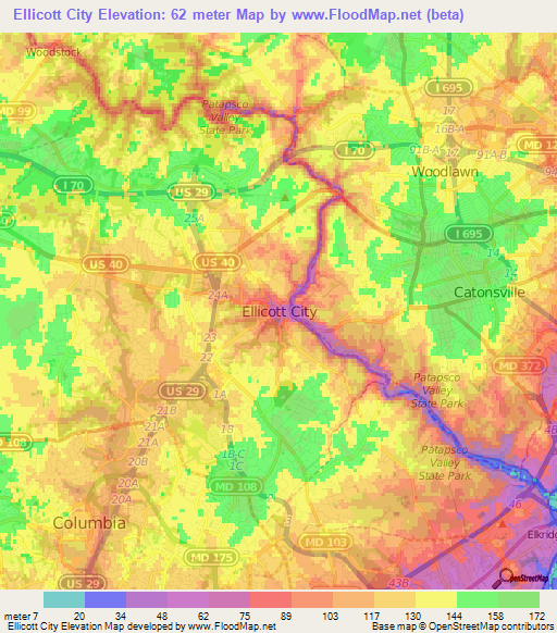 Ellicott City,US Elevation Map