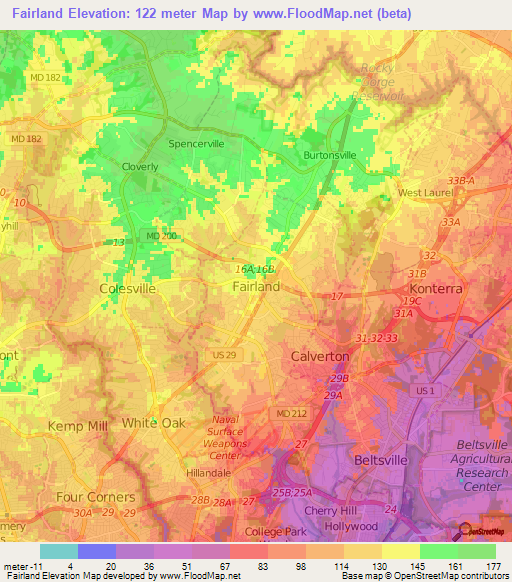 Fairland,US Elevation Map