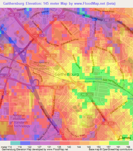 Gaithersburg,US Elevation Map