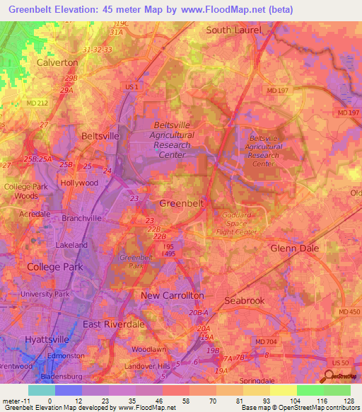 Greenbelt,US Elevation Map