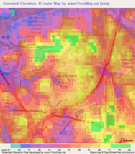 Greenbelt,US Elevation Map