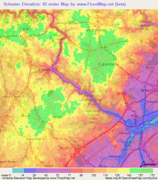 Ilchester,US Elevation Map