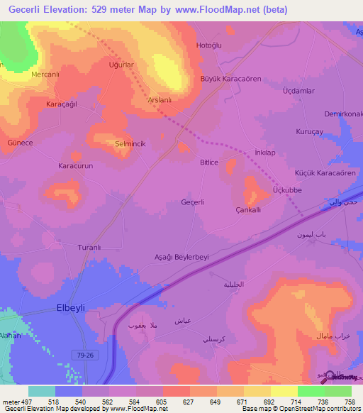 Gecerli,Turkey Elevation Map