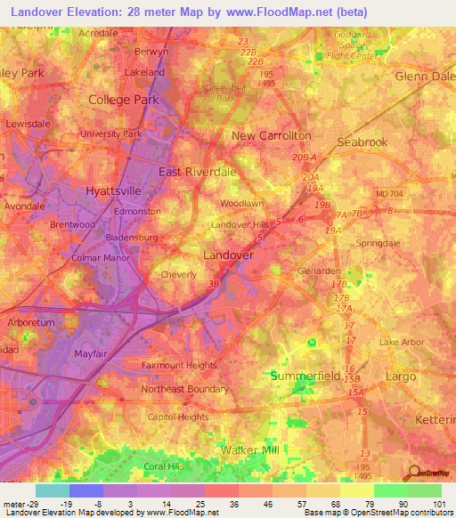 Landover,US Elevation Map