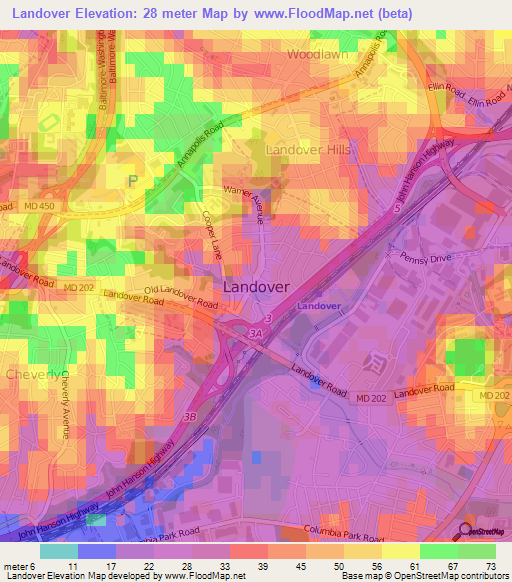 Landover,US Elevation Map