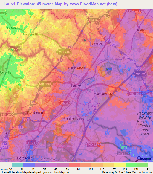 Laurel,US Elevation Map