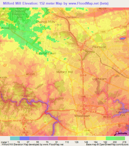 Milford Mill,US Elevation Map