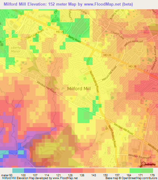 Milford Mill,US Elevation Map