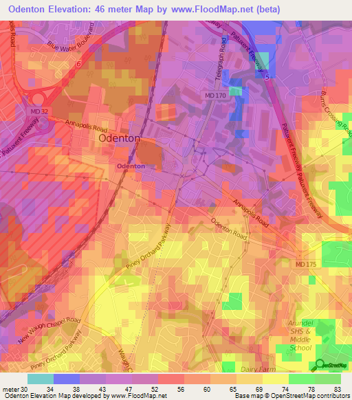 Odenton,US Elevation Map