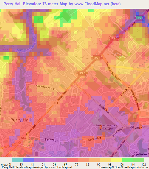 Perry Hall,US Elevation Map