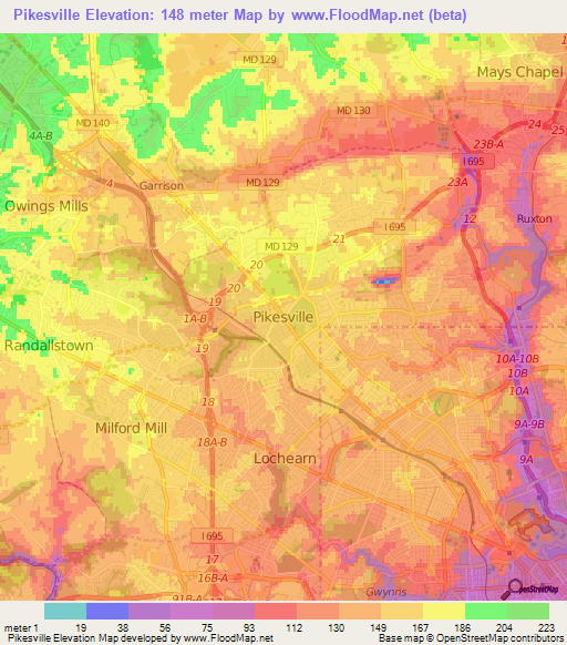 Pikesville,US Elevation Map