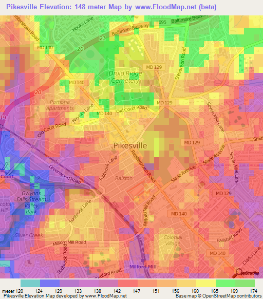 Pikesville,US Elevation Map