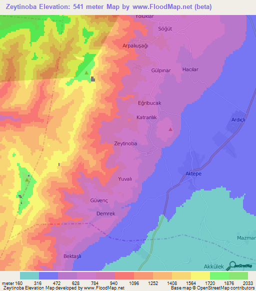 Zeytinoba,Turkey Elevation Map