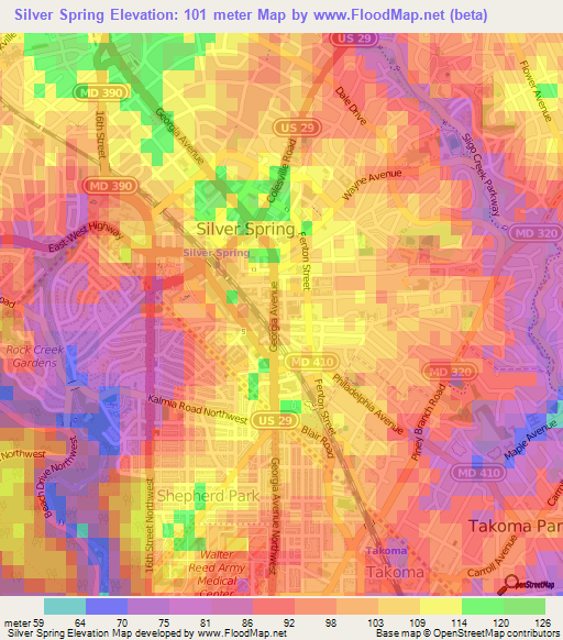 Silver Spring,US Elevation Map